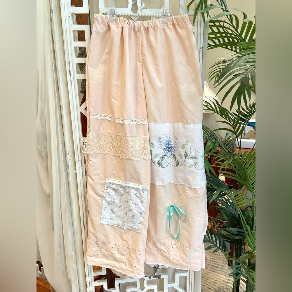 Cottagecore peach cotyon Patchwork wide leg pants w/ Butterfly Detail
